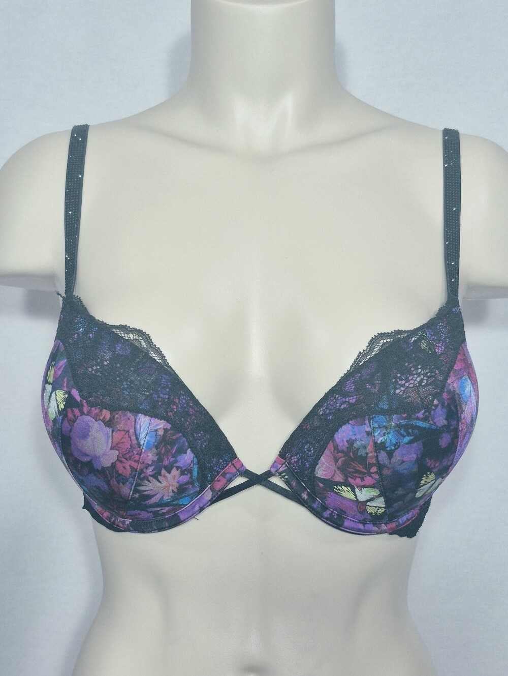 34C Victoria's Secret Bombshell Plunge Push Up Padded Underwire Bra Purple Black